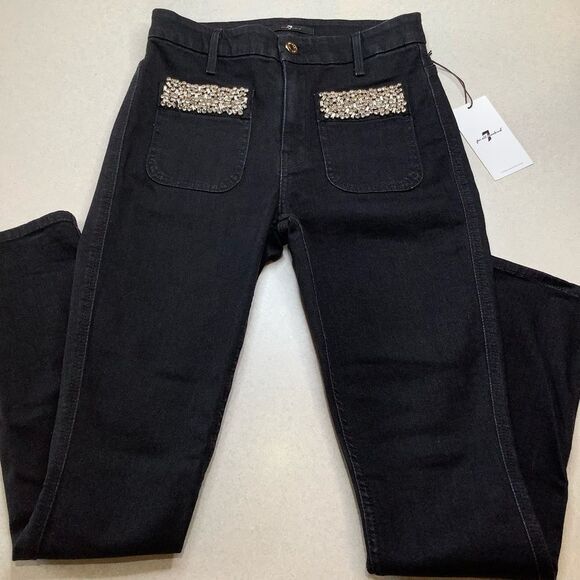 7 For All Mankind Jeans 25 High Waist Skinny Rhinestone Pocket Rinsed Bl… - Picture 4 of 7